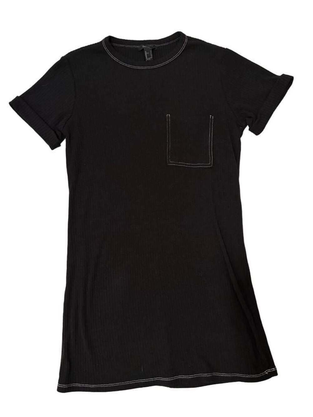 Forever 21 Ribbed Knit Black Mini T-Shirt Dress with Contrast Stitching & Pocket